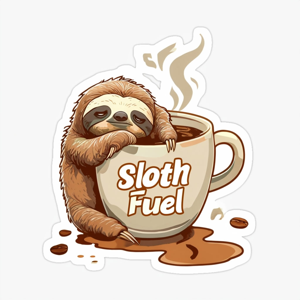 Sleepy Sloth Clinging to Coffee Cup Sticker