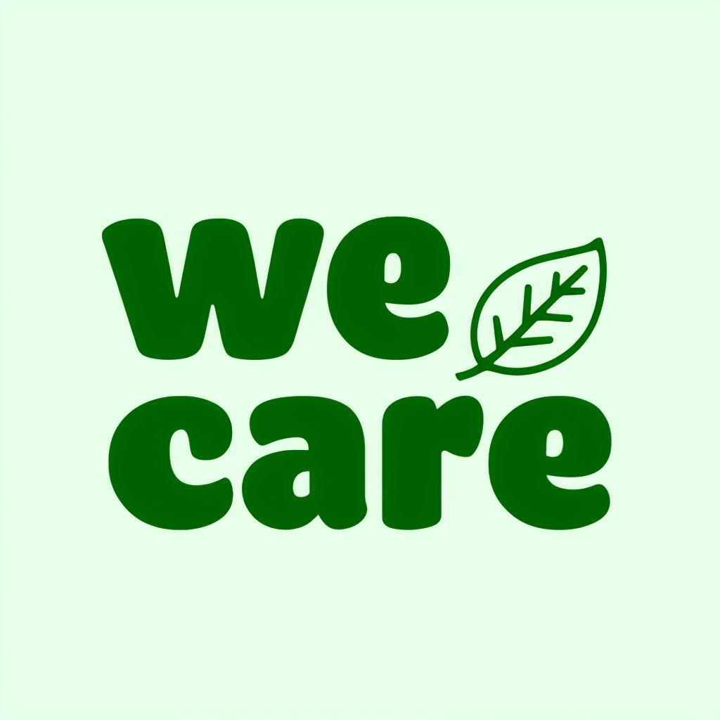 Minimalist 'We Care' Logo with Leaf Design in Green Colors