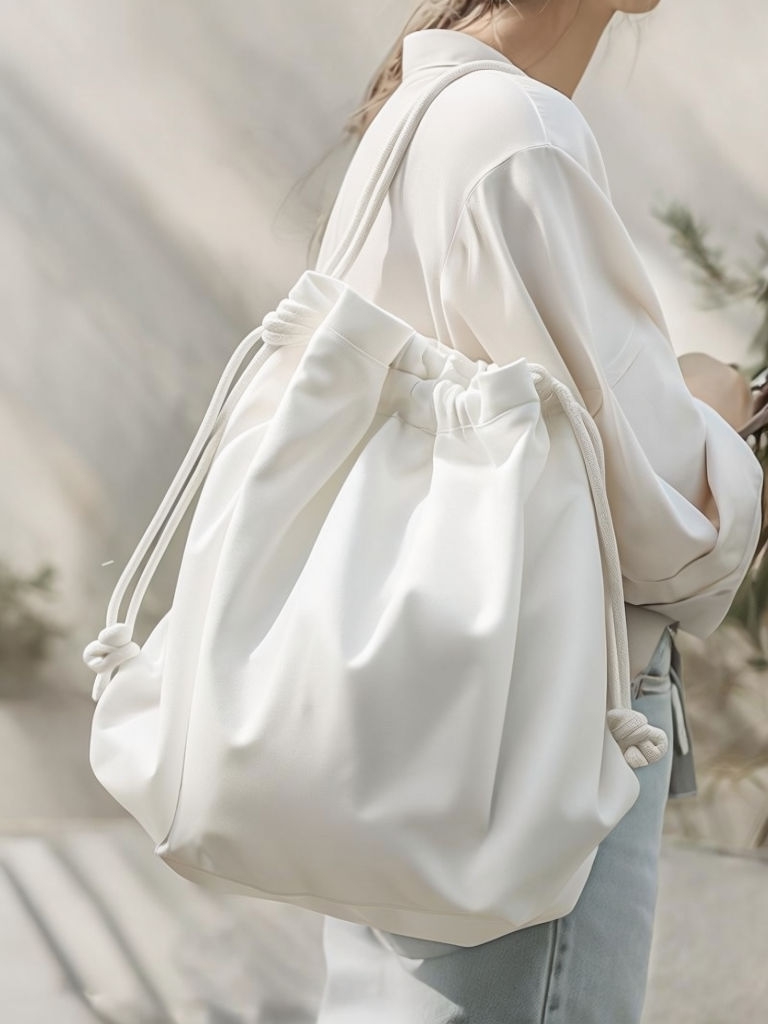 Minimalist White Drawstring Bag Worn by Model Photograph Mockup