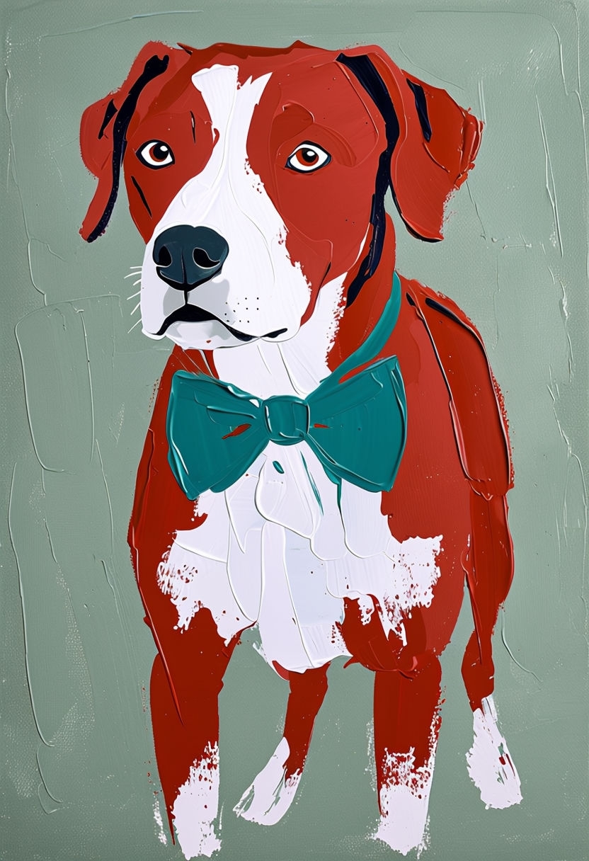 Expressive Painterly Dog with Vibrant Bowtie Artwork