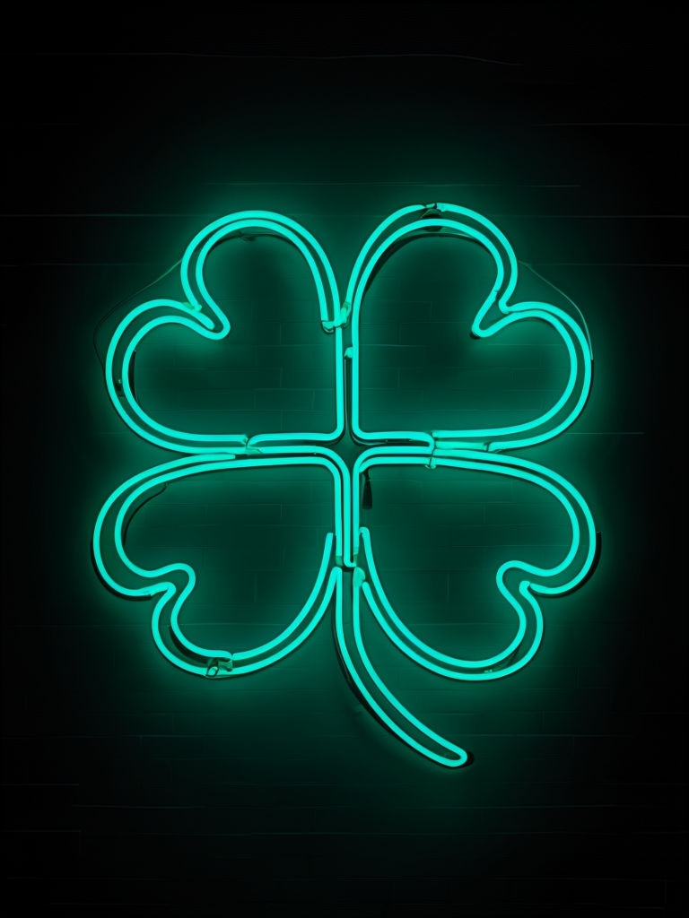 Bright Neon Four-Leaf Clover Sign on Black Background Poster