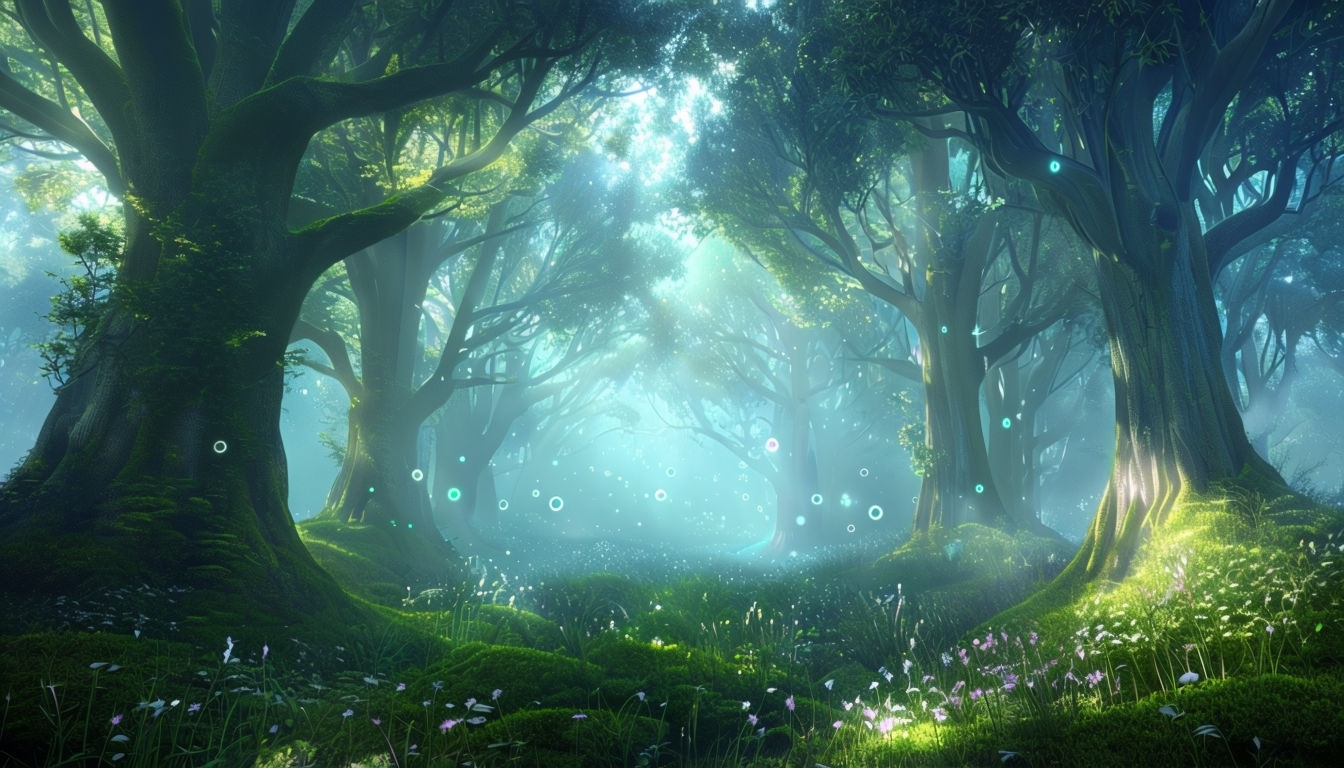 Mystical Forest with Glowing Orbs Mobile Wallpaper