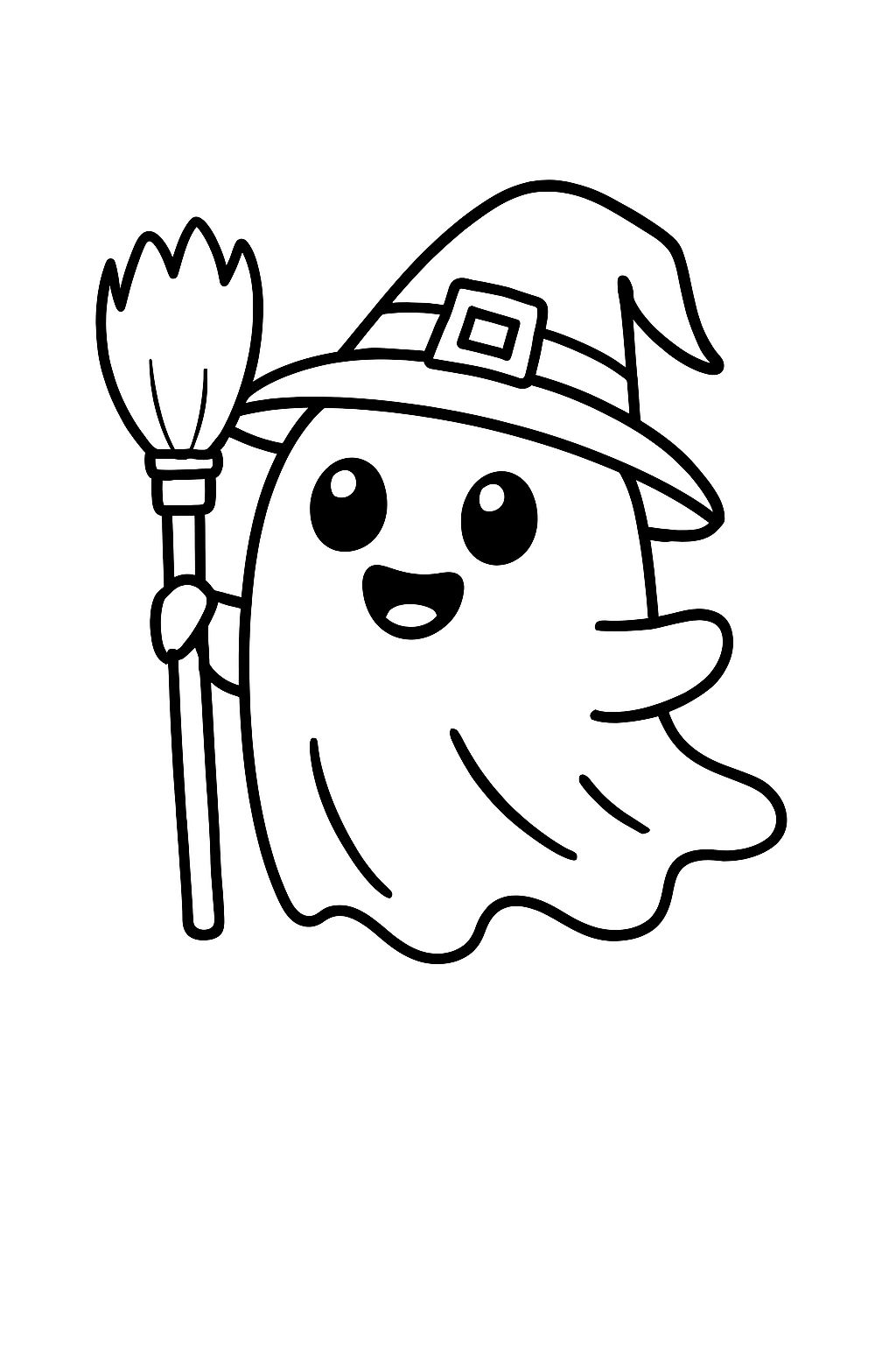 Happy Cartoon Ghost with Broomstick Illustration for Coloring Book Pages