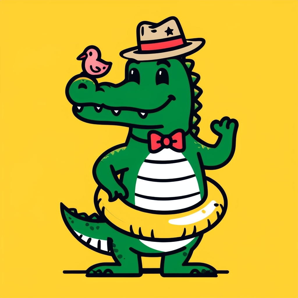Cheerful Cartoon Alligator with Hat and Float Ring T-Shirt