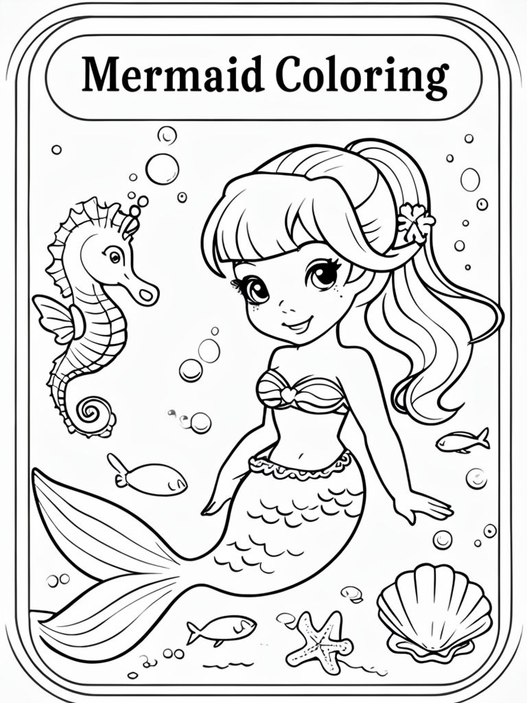 Cheerful Mermaid and Underwater Creatures Coloring Page Art