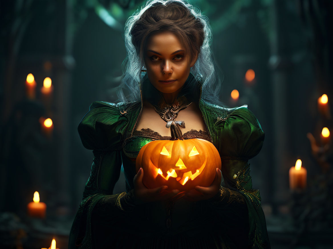 Prompt: pumpkin with a gift in its hands, candlelight, funny halloween green theme , epic royal background, big royal uncropped crown, royal jewelry, robotic, nature, full shot, symmetrical, Greg Rutkowski, Charlie Bowater, Beeple, Unreal 5, hyperrealistic, dynamic lighting, fantasy art