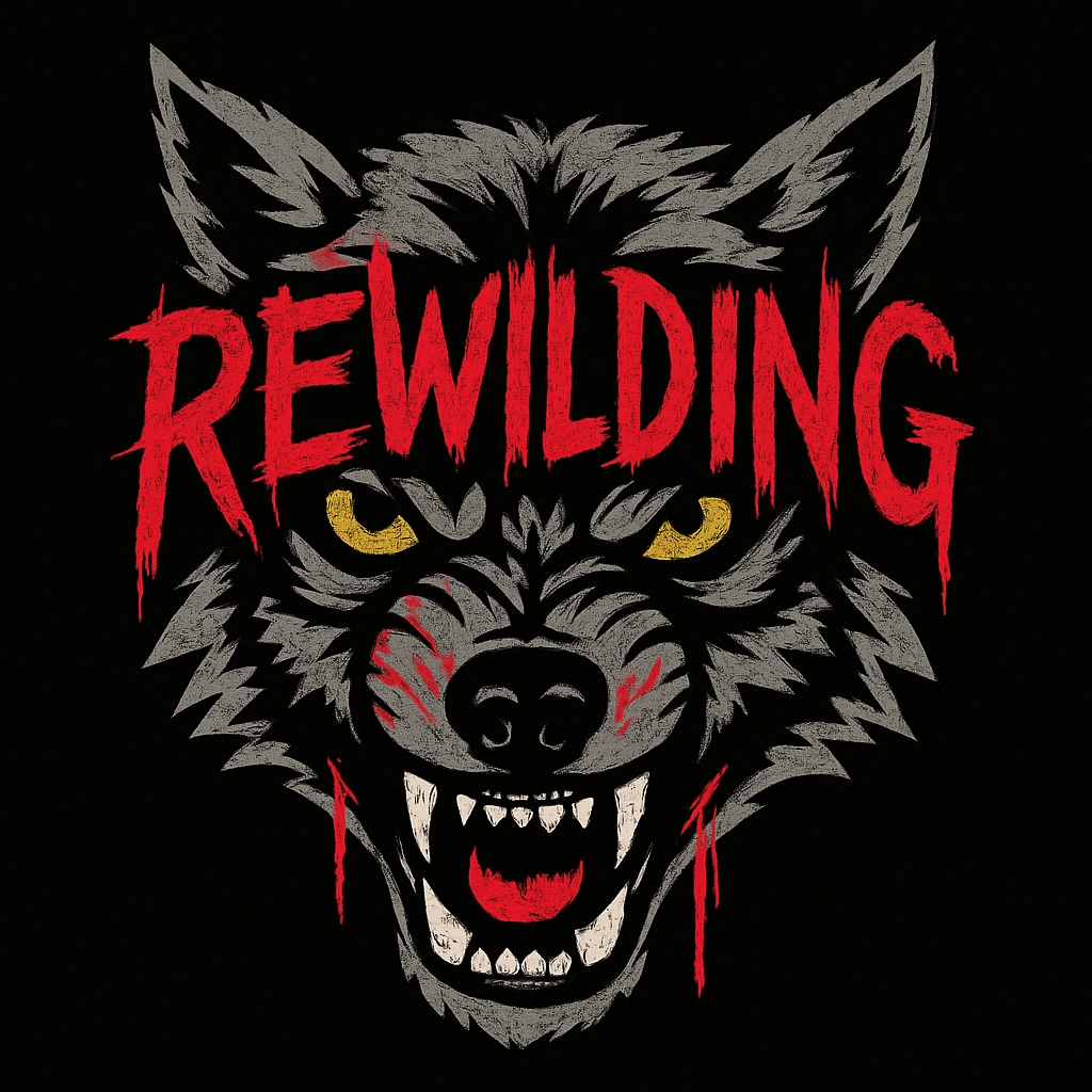 Fierce Wolf Face with REWILDING Typography Graphic T-Shirt
