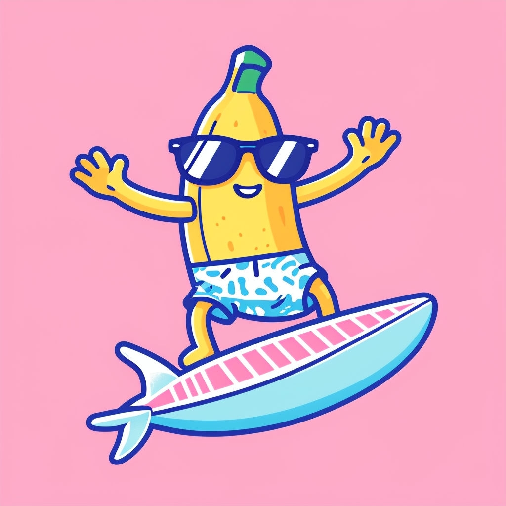 Playful Cartoon Banana Surfing on a Bright Pink Background T-Shirt