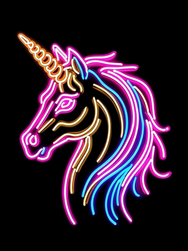 Vibrant Neon Unicorn Head Illustration on Black Background Art