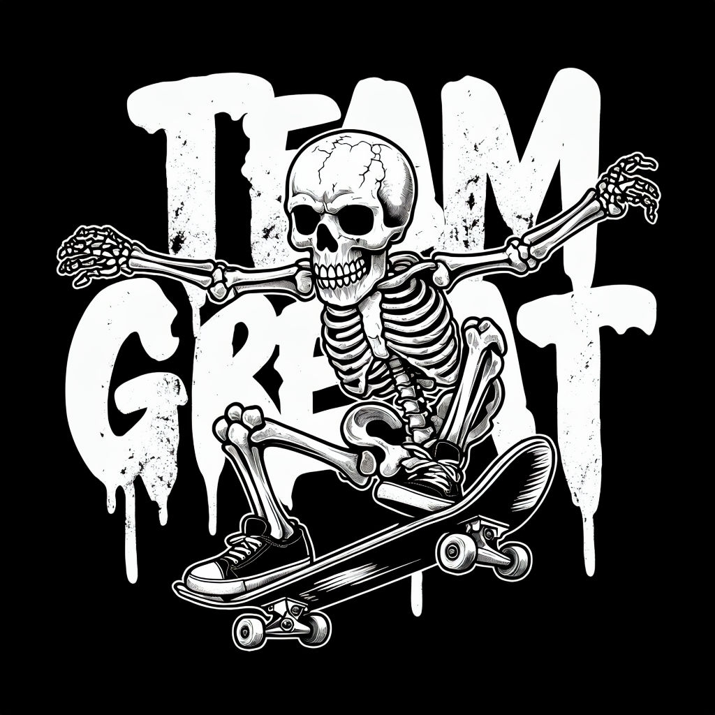 Dynamic Skeleton Skateboarding with TEAM GREAT Text T-Shirt
