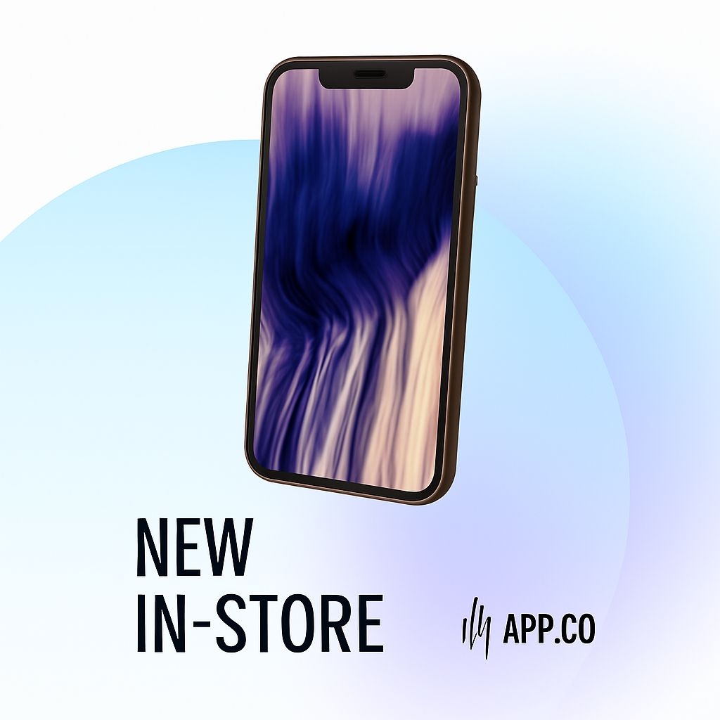 Modern Smartphone Promotion with Bold 'New In-Store' Text Ads