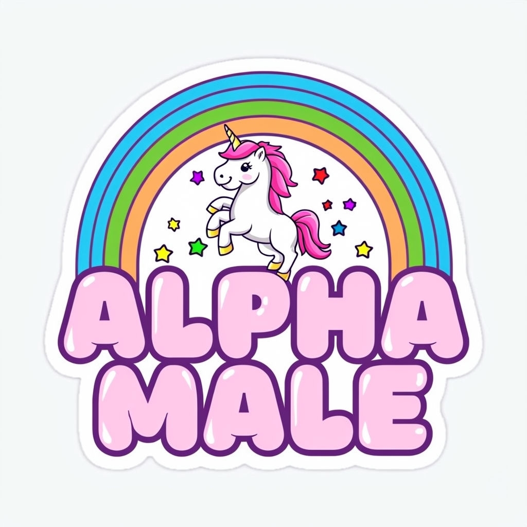 Cheerful Unicorn and Rainbow with Alpha Male Text Sticker