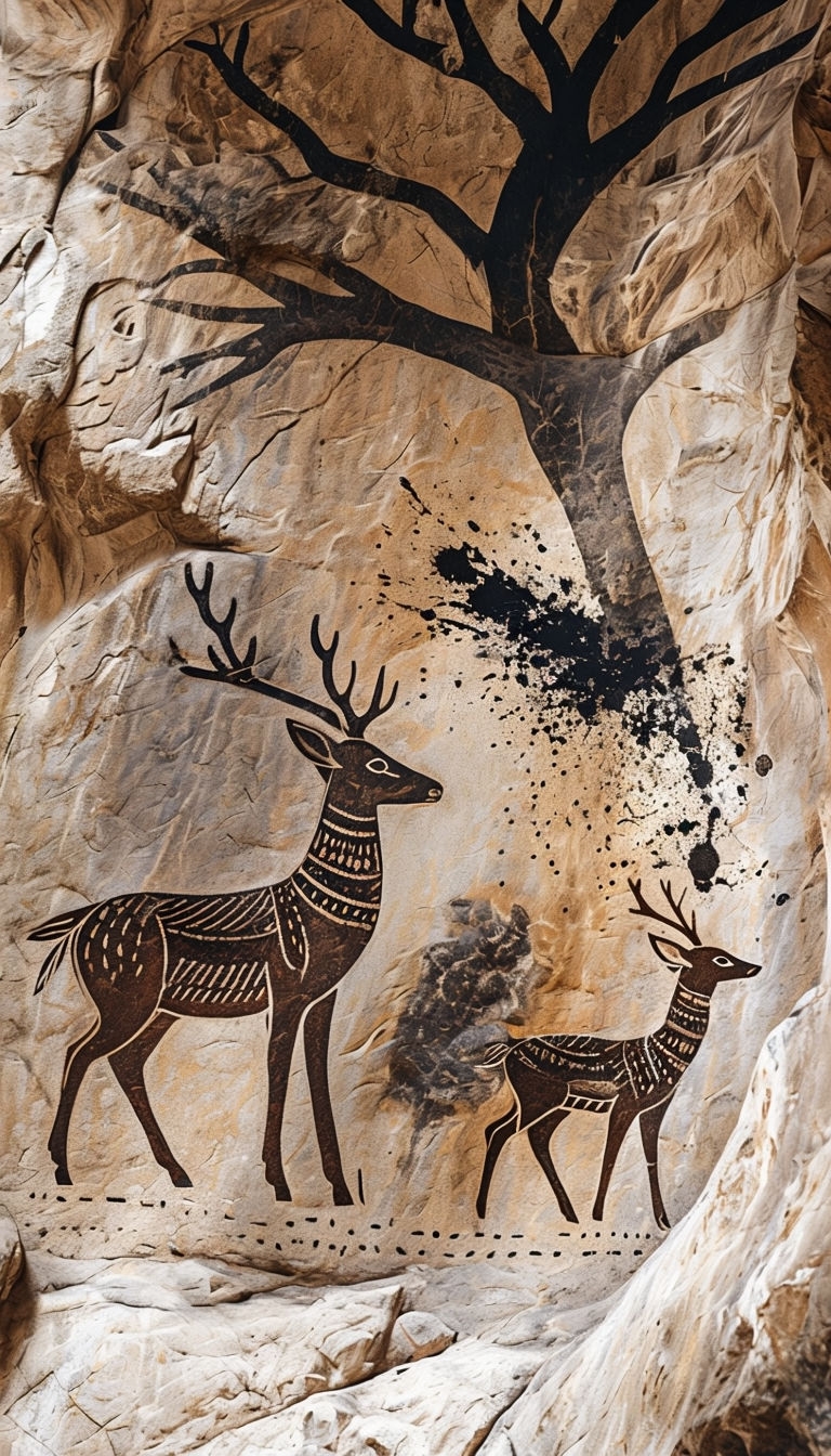 Ancient Cave Painting of Deer and Tree on Rock Surface Mobile Wallpaper