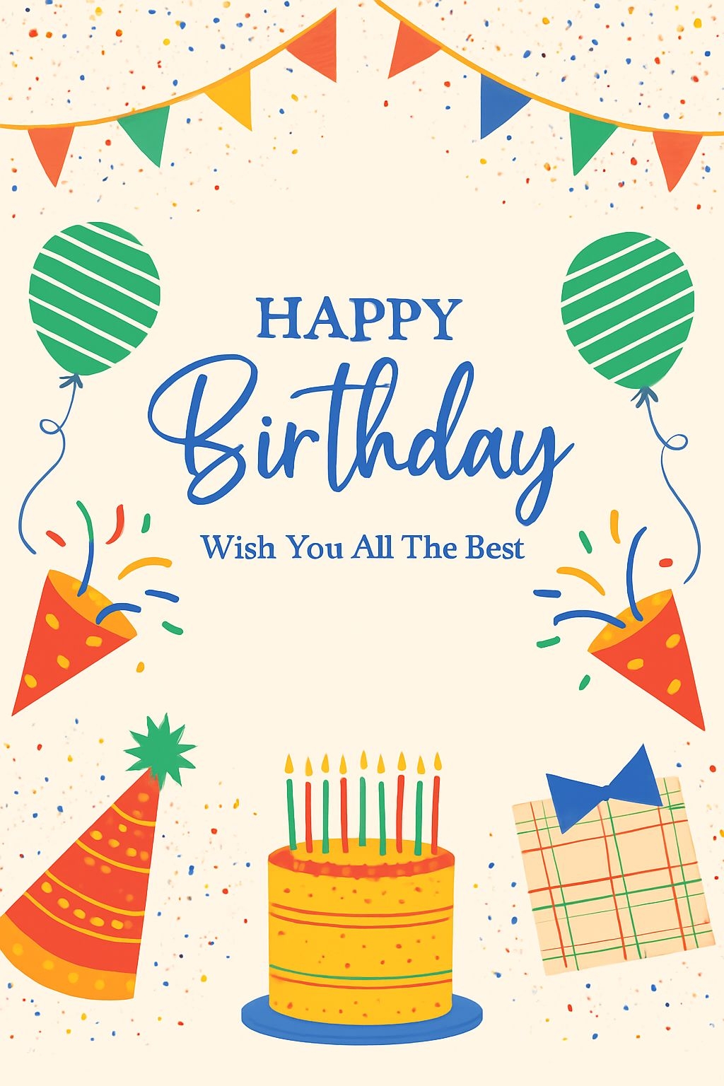 Festive Happy Birthday Card with Colorful Illustrations and Cake Invitation