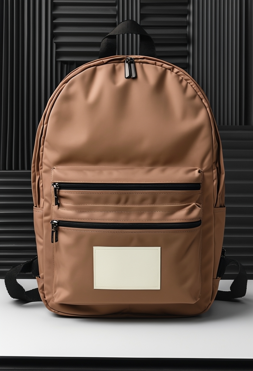 Light Brown Modern Backpack Mockup with Zippered Pockets