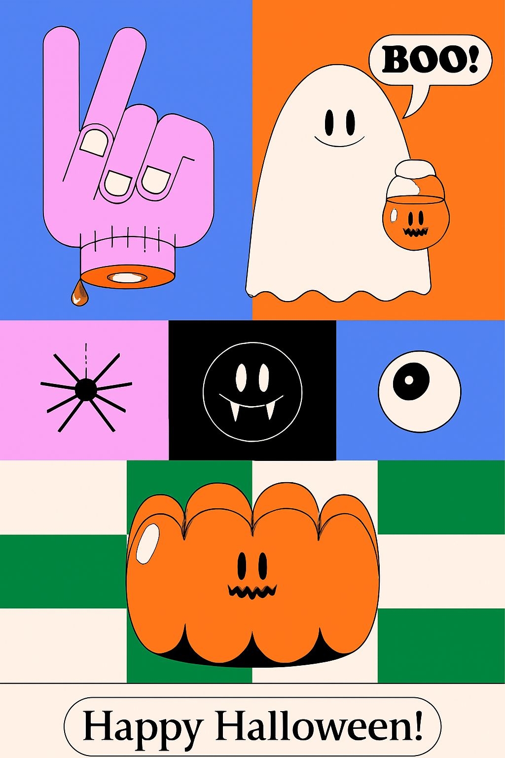 Vibrant Cartoon Halloween Graphics with Happy Halloween Text Poster