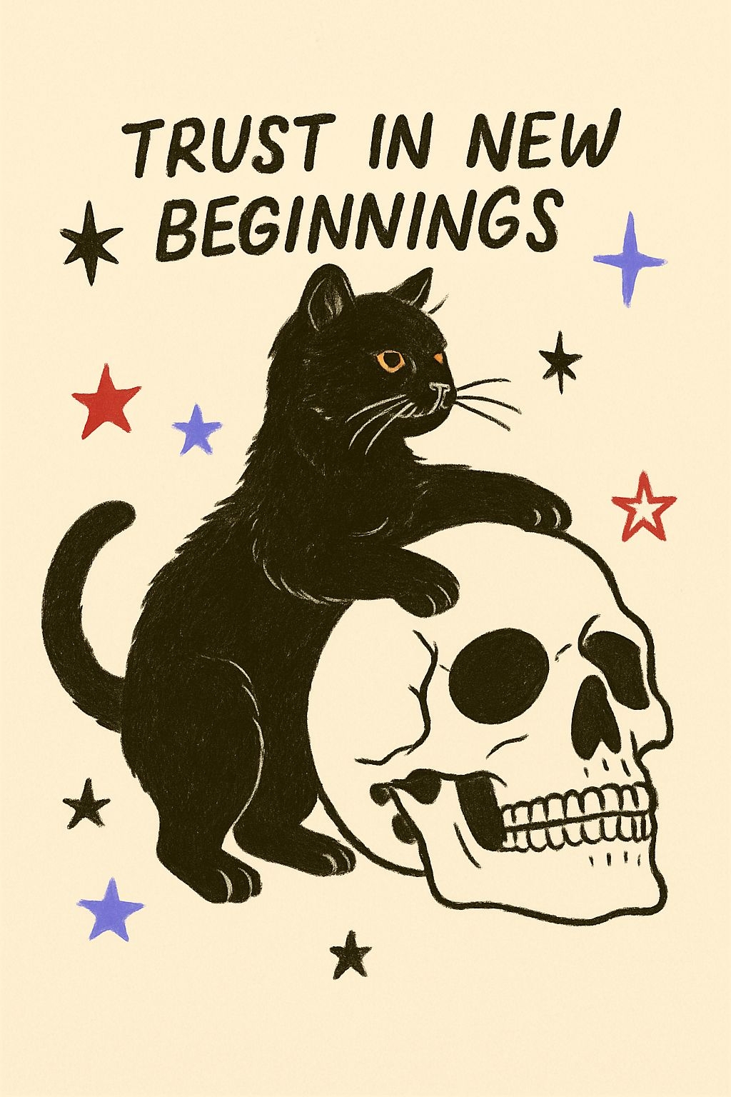 Whimsical Vintage Black Cat with Skull and Stars Poster