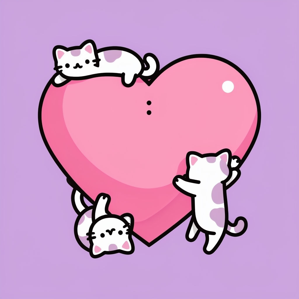 Playful Pink Heart with Cats Cartoon T-Shirt