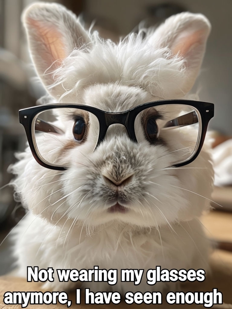 Fluffy Bunny with Glasses and Whimsical Message Meme