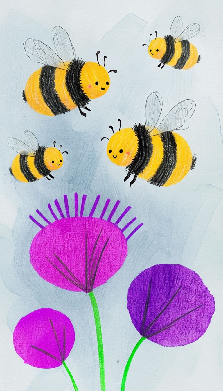 Cheerful Bumblebees Among Vibrant Abstract Flowers Illustration Mobile Wallpaper