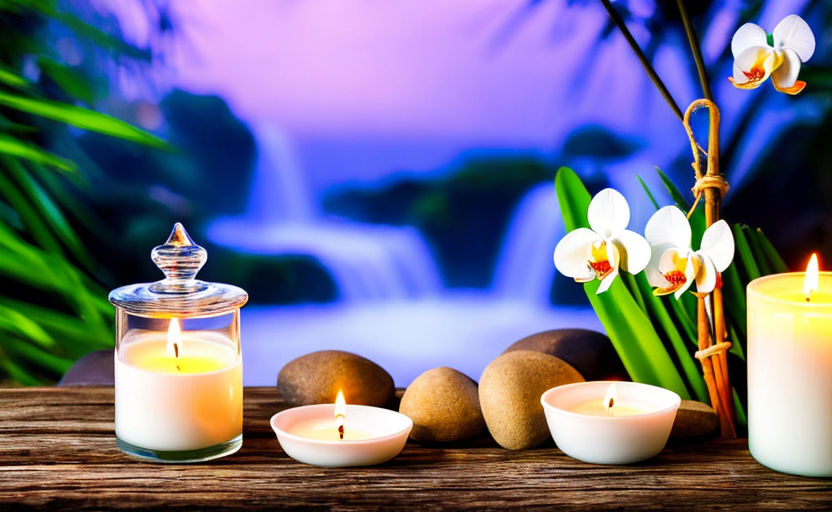 Ocean in the background,super hd, fresh orchid flowers , sunny morning, very bright, vivid light, white candle, jar, spa, fragrance, candle, bamboo, scent , zen, meditation, relaxation, natural blurred outdoor background, nature garden in the background, waterfall,vivid background very very bright, realistic photo
