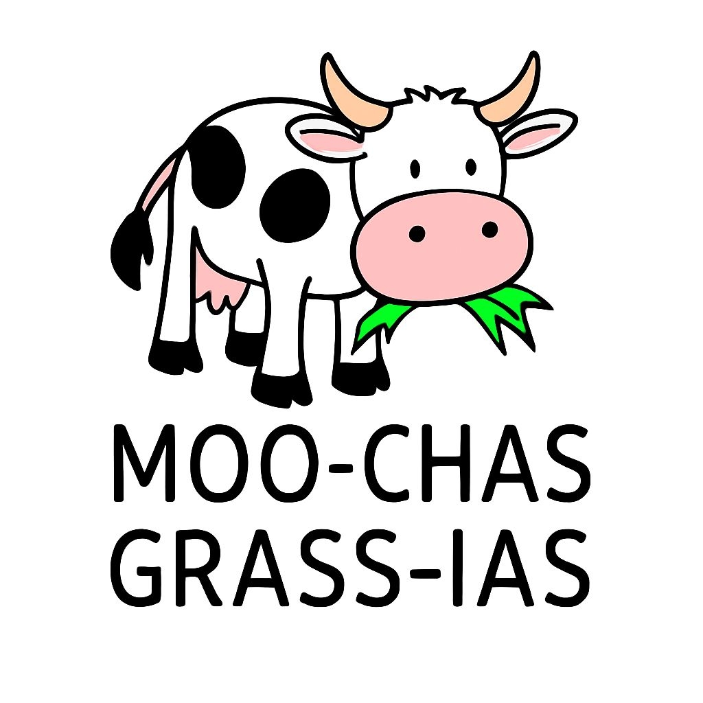 Cartoon Black and White Cow with MOO-CHAS GRASS-IAS Sticker