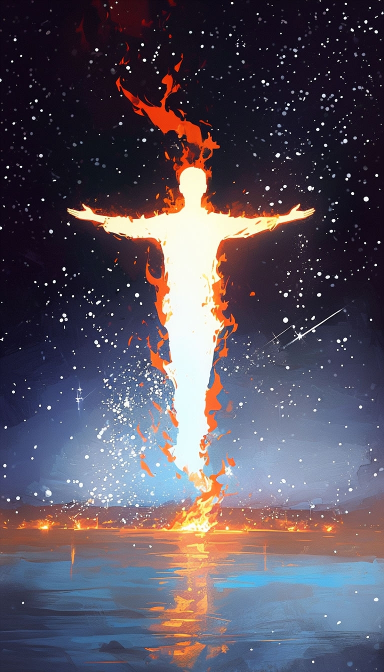 Surreal Fiery Silhouette Against Starry Dark Background Wallpaper