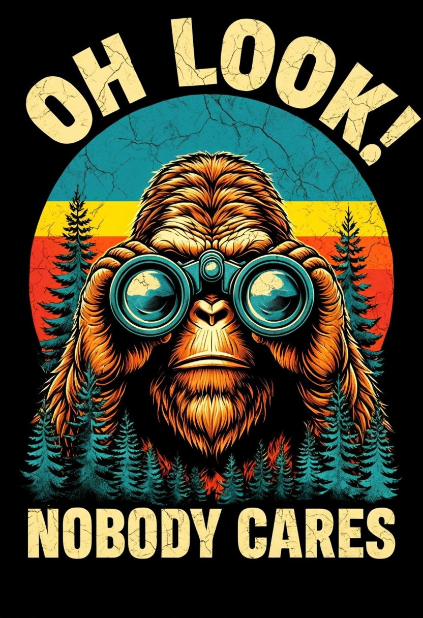 Vintage Sasquatch with Binoculars and Humorous Text Poster