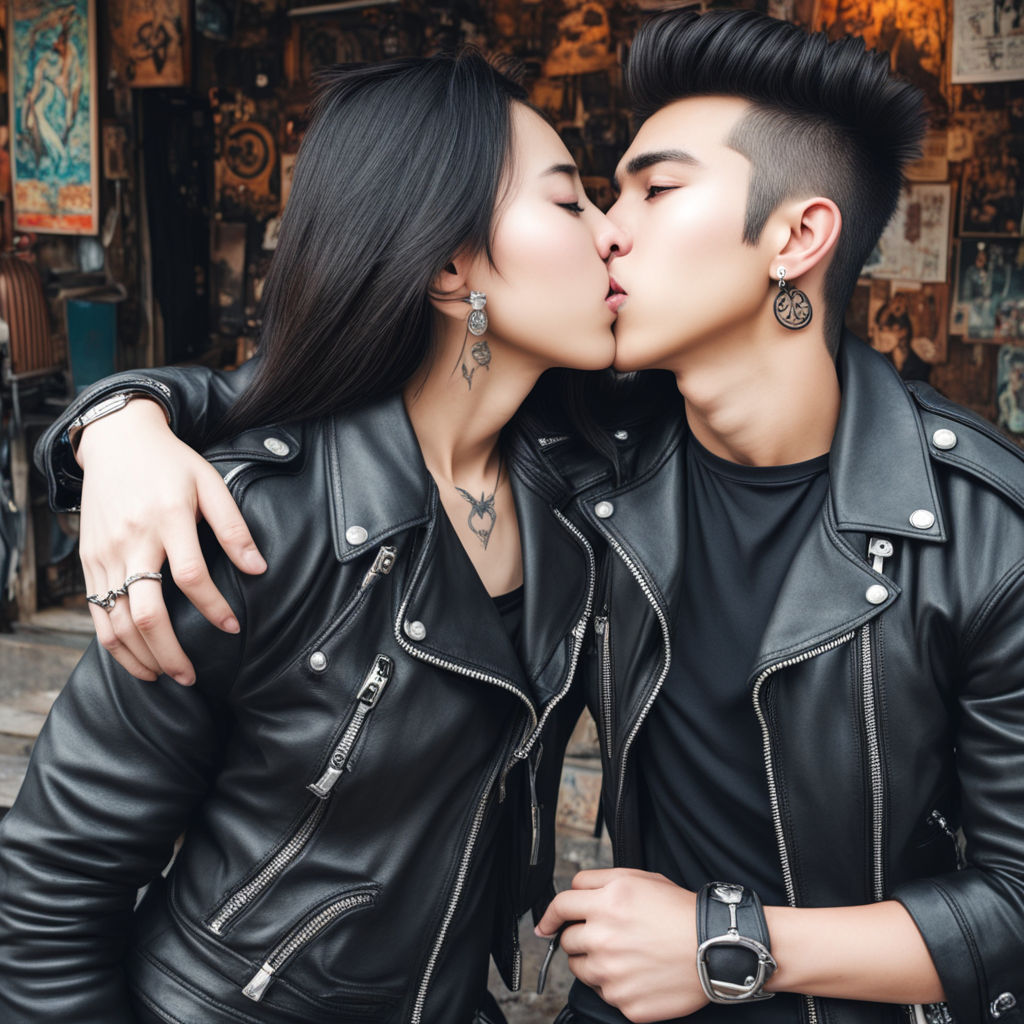 Modern Asian male kissing woman