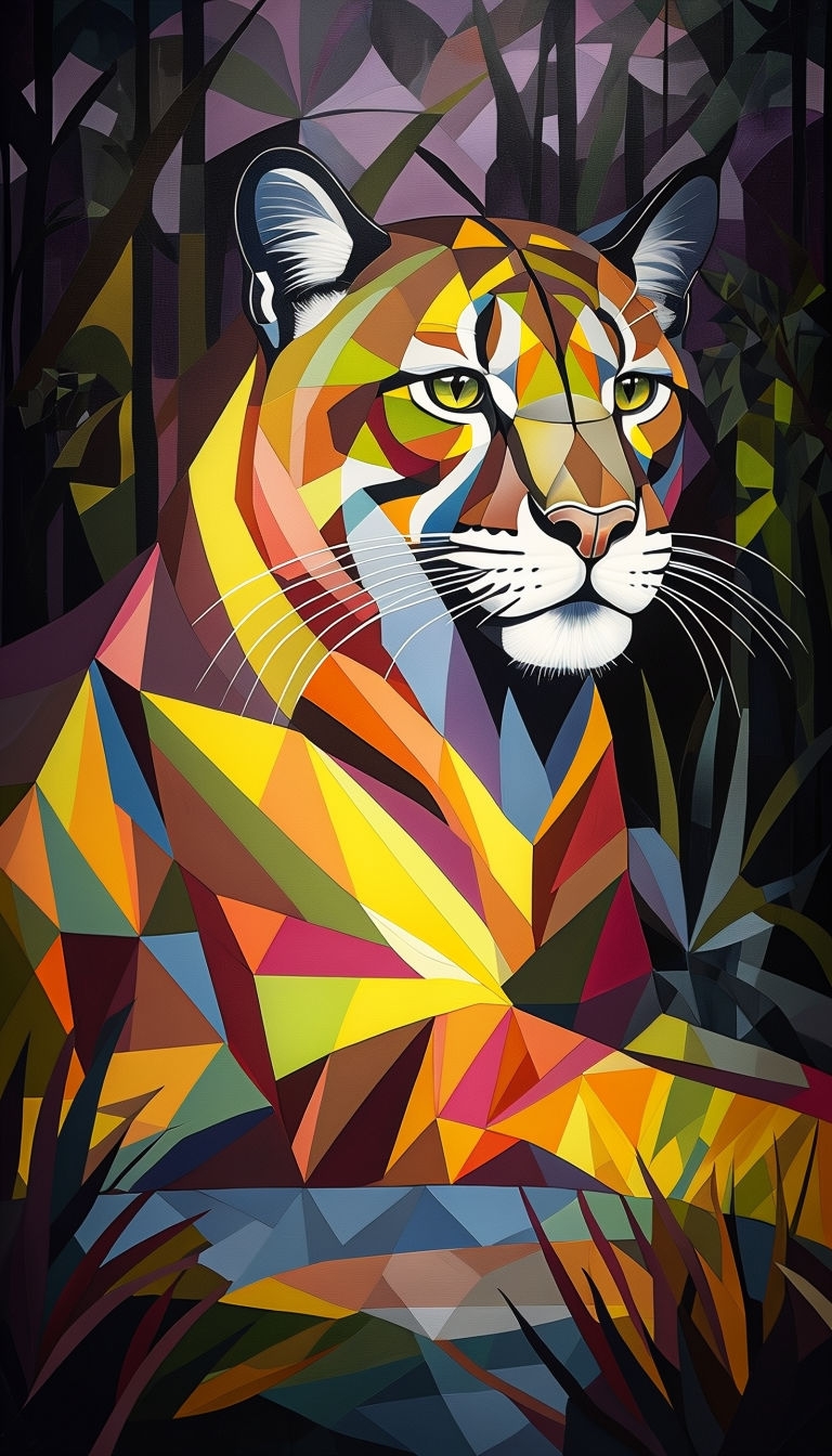 Vibrant Geometric Panther Painting with Abstract Background Art