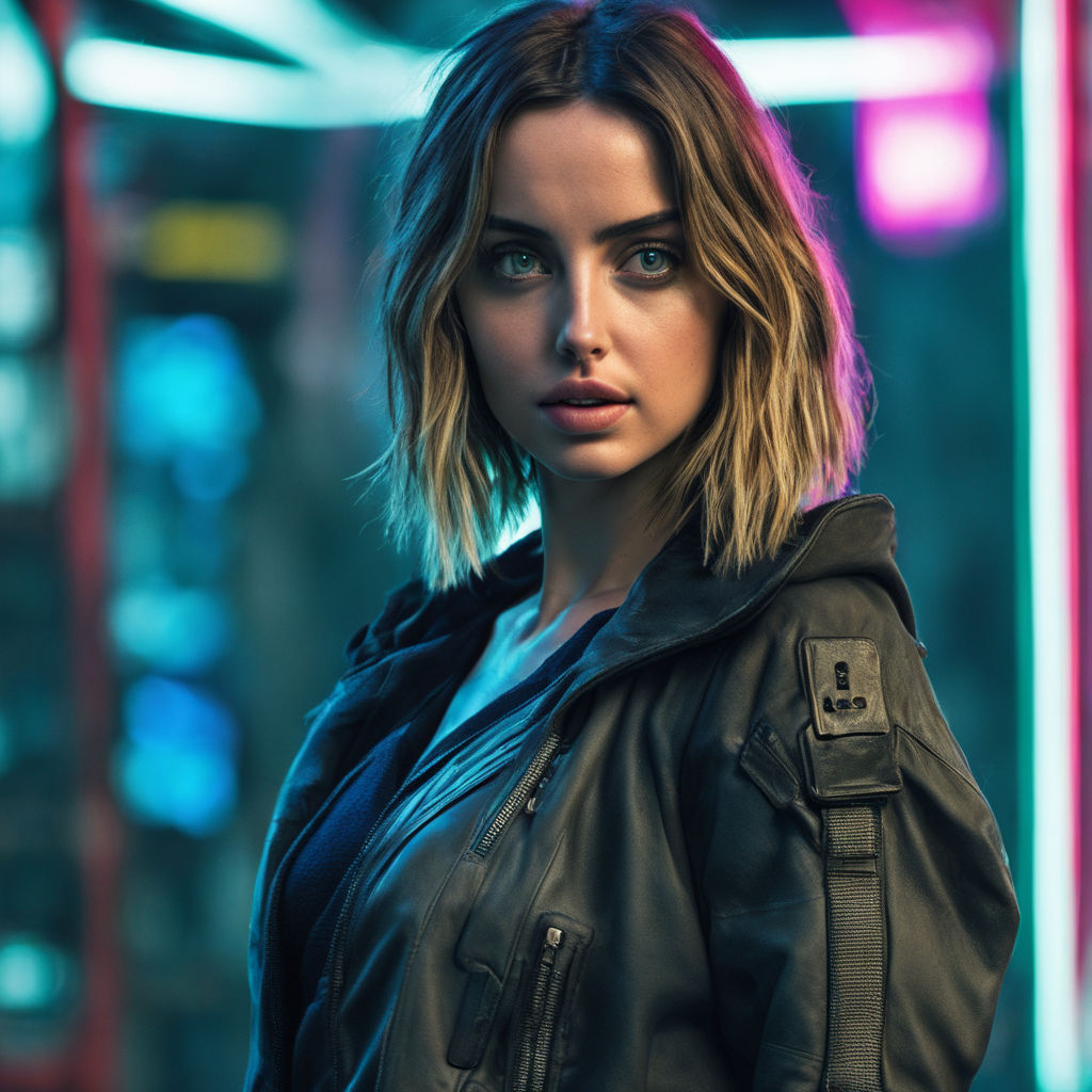 Ana de Armas showing cleavage in cyberpunk style