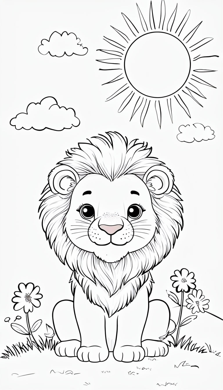 Cute Friendly Lion with Sun and Clouds Coloring Book Page