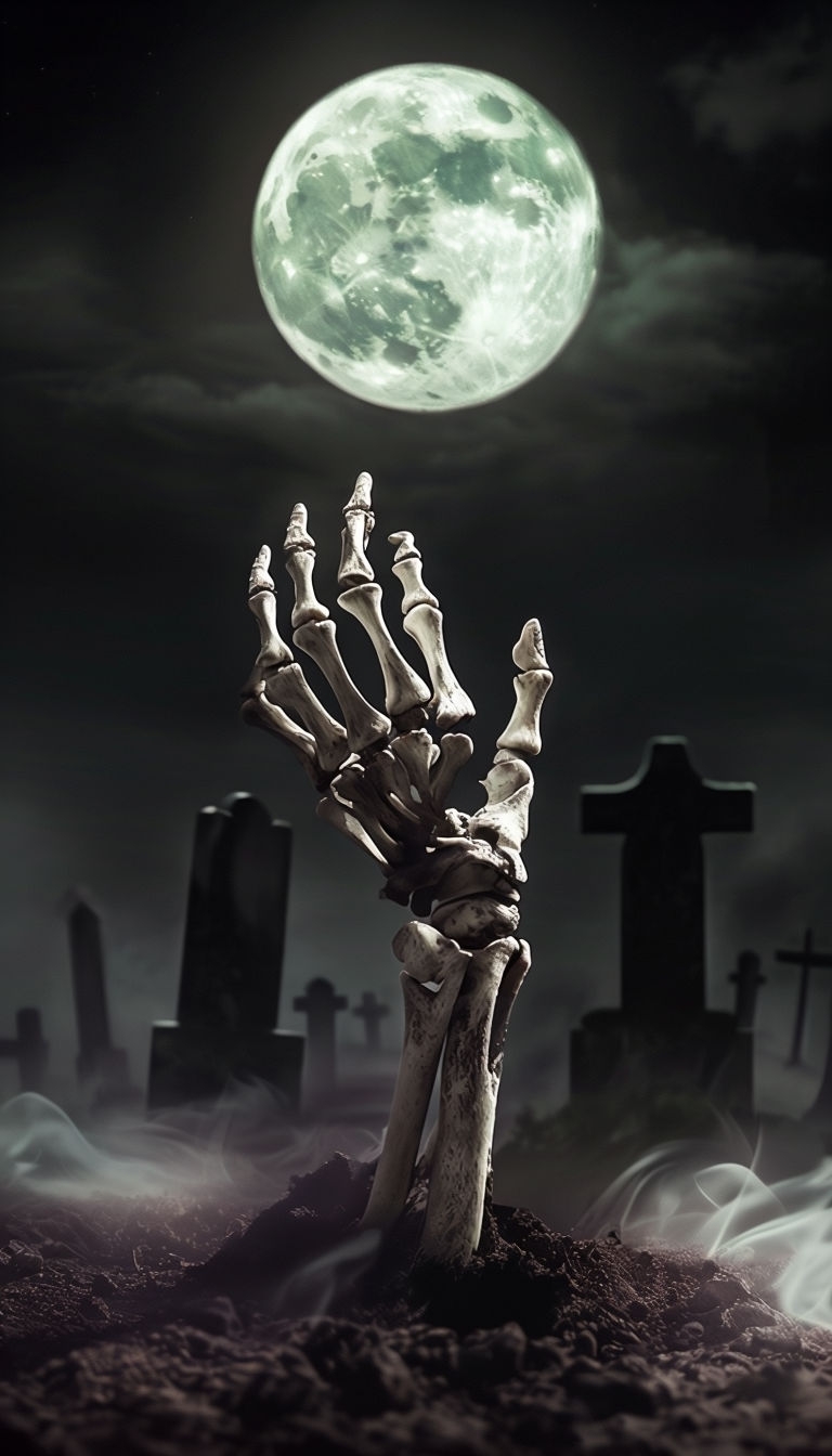 Eerie Skeleton Hand Reaching from Grave in Dark Graveyard Mobile Wallpaper