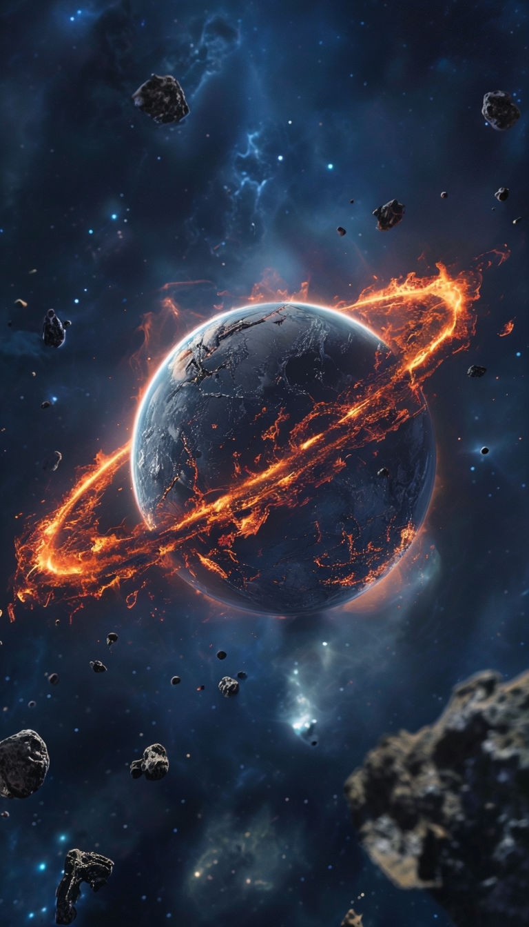 Dramatic Fiery Planet in Space with Asteroids Mobile Wallpaper