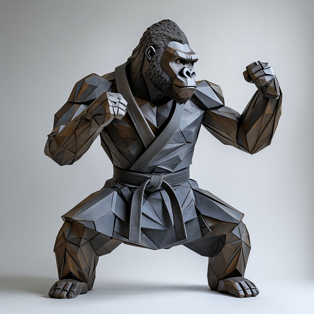 Geometric Anthropomorphic Gorilla Sculpture in Martial Arts Stance Art