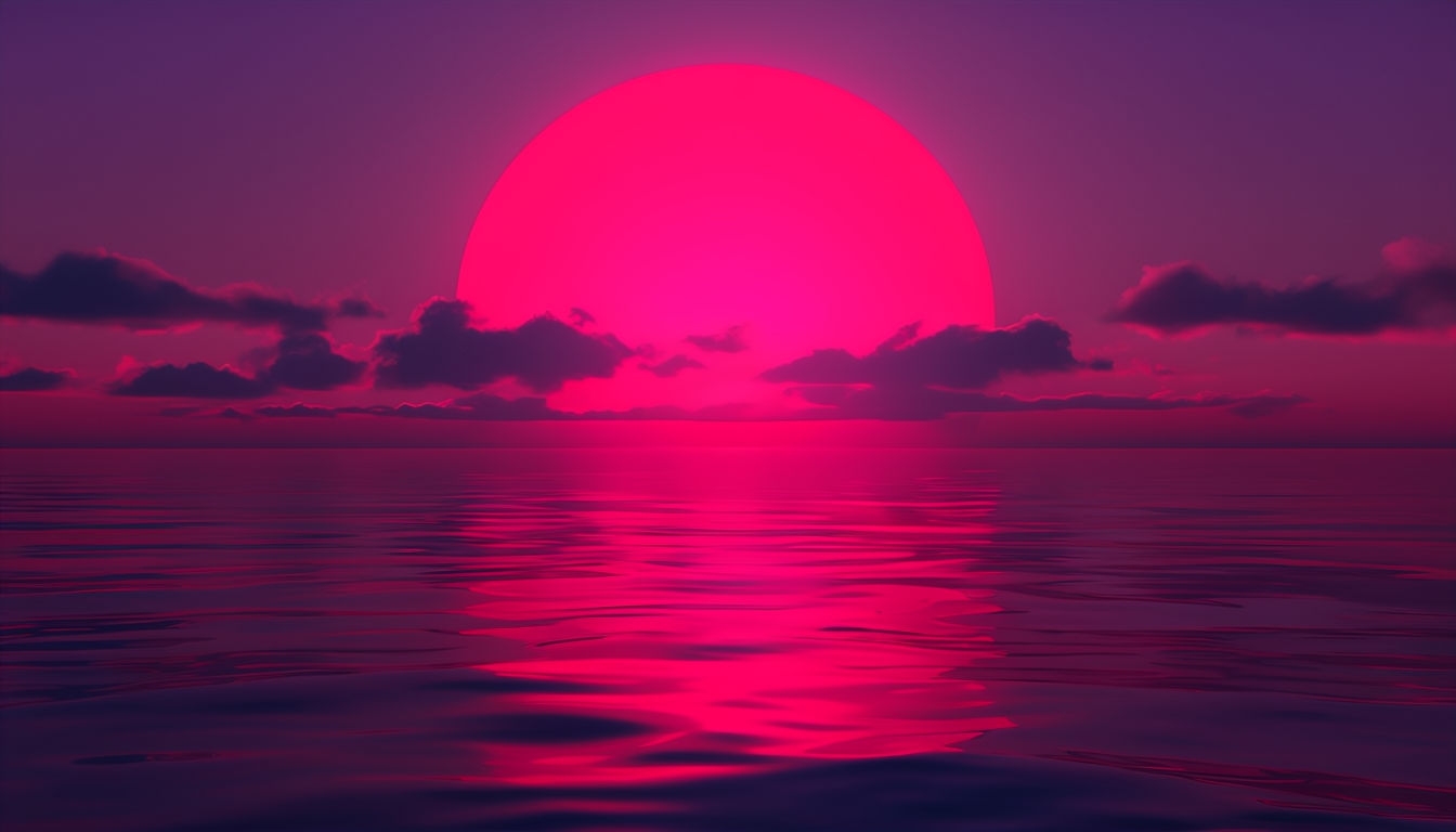 Vivid Surreal Sunset with Crimson Sun Reflecting on Ocean Virtual Backgrounds