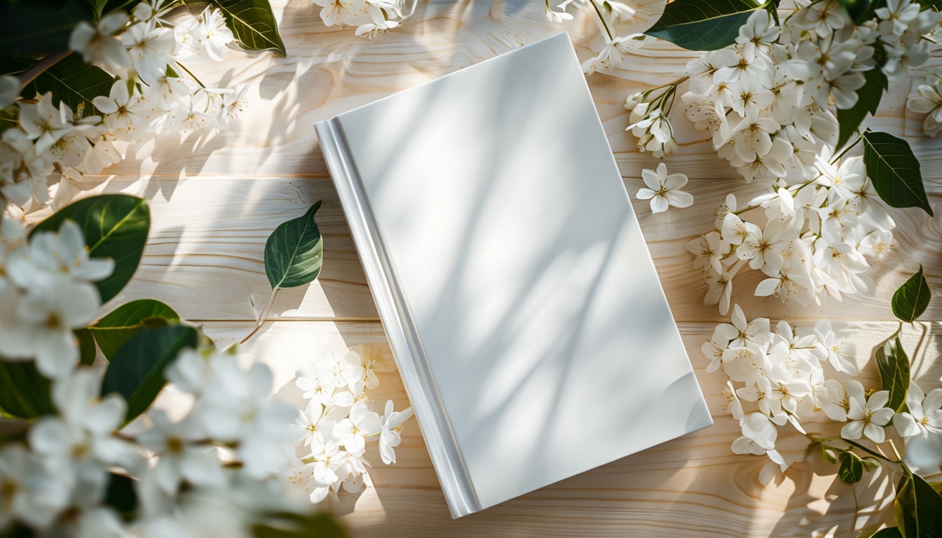Serene Minimalistic Book with White Flowers on Wooden Surface Mockup