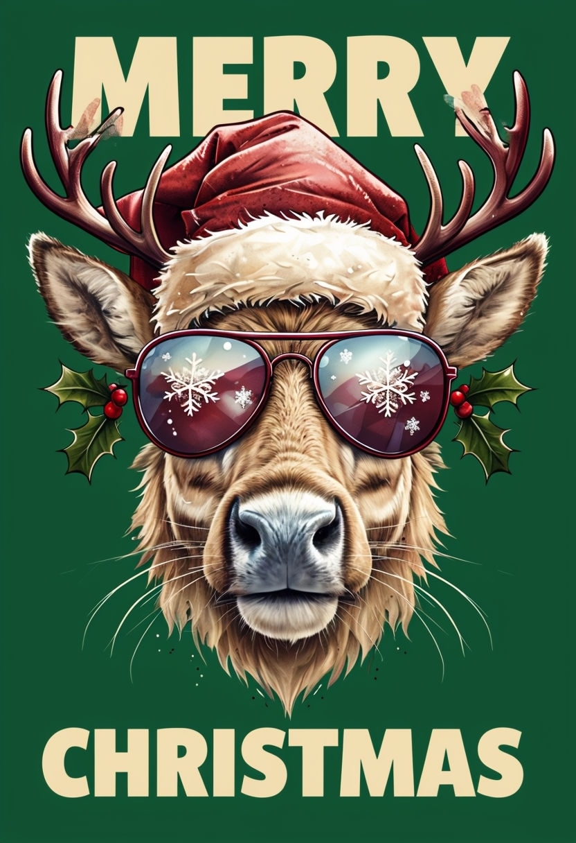 Cool Reindeer in Sunglasses with Santa Hat Christmas T-Shirt