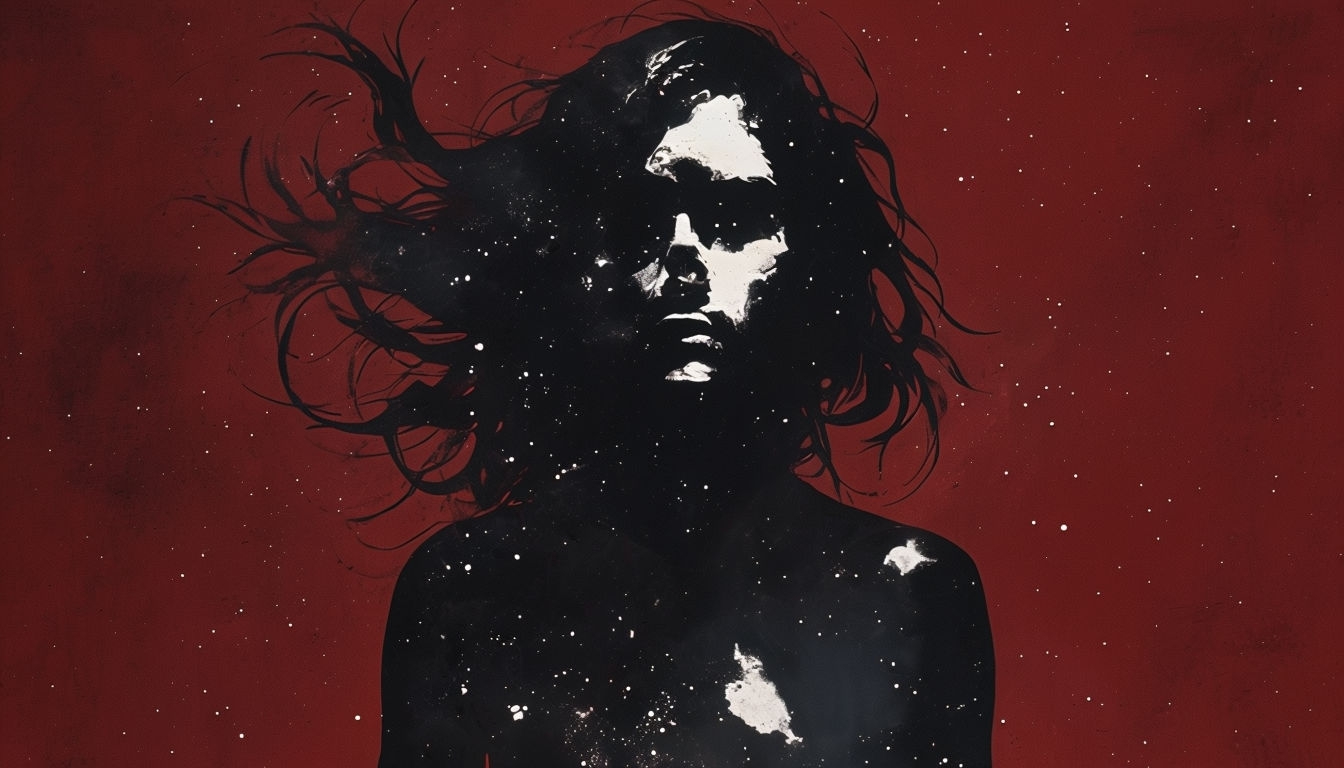 Celestial Black Silhouette on Dark Red Background Virtual Backgrounds