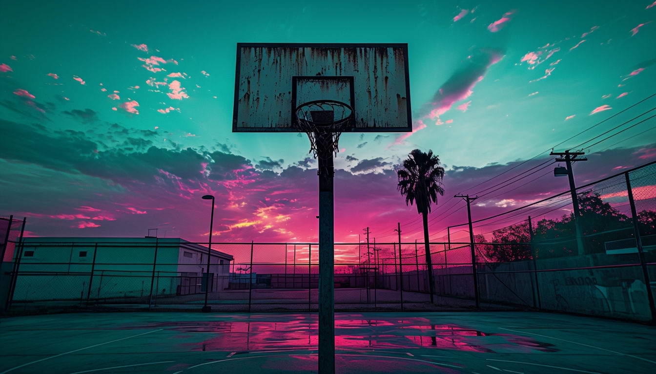 Vibrant Urban Basketball Court at Dusk with Sunset Reflection Virtual Backgrounds