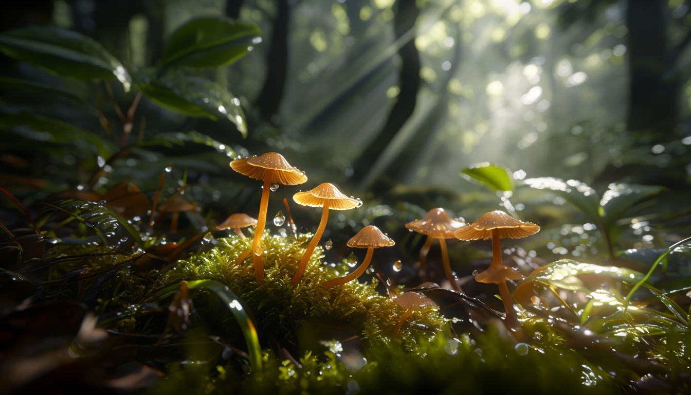 Enchanting Close-Up of Mushrooms on Mossy Forest Floor Virtual Backgrounds