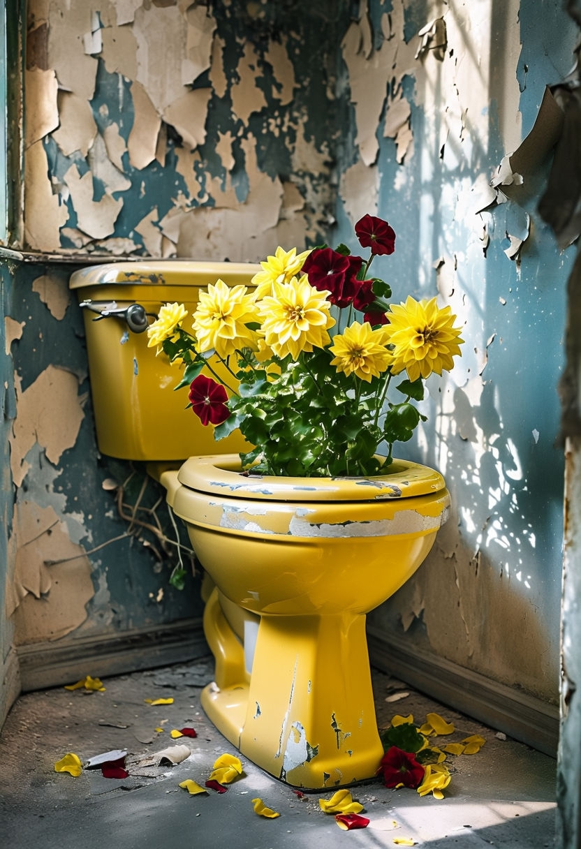 Vibrant Yellow Toilet Planter Surrounded by Aged Abandonment Art