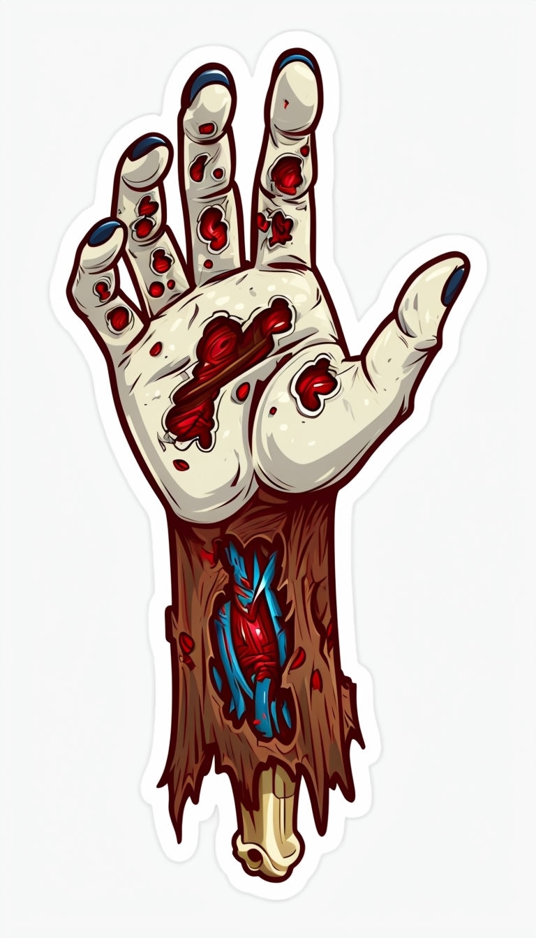 Cartoon Zombie Hand Illustration with Bloody Details Sticker