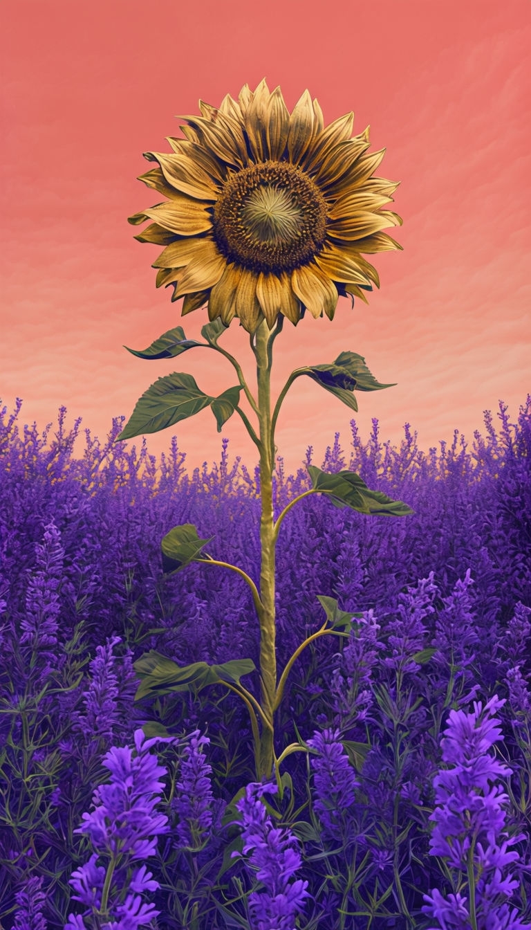 Surreal Golden Sunflower in Lavender Field Mobile Wallpaper - Playground