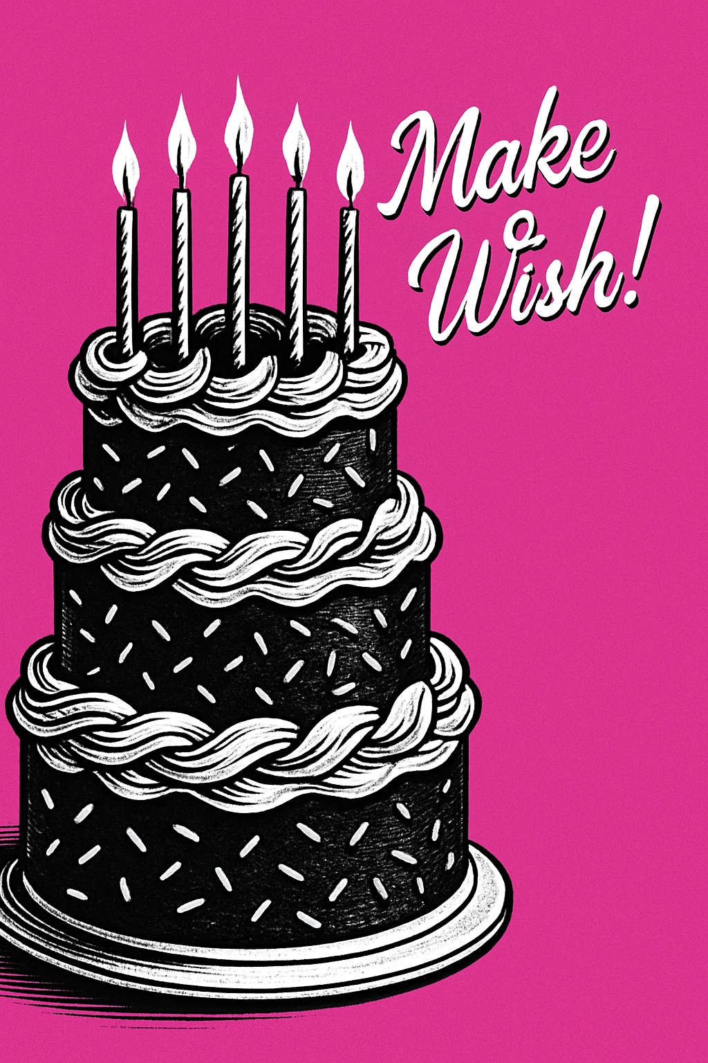 Elegant Black and White Birthday Cake Illustration with Candles Card & Invite