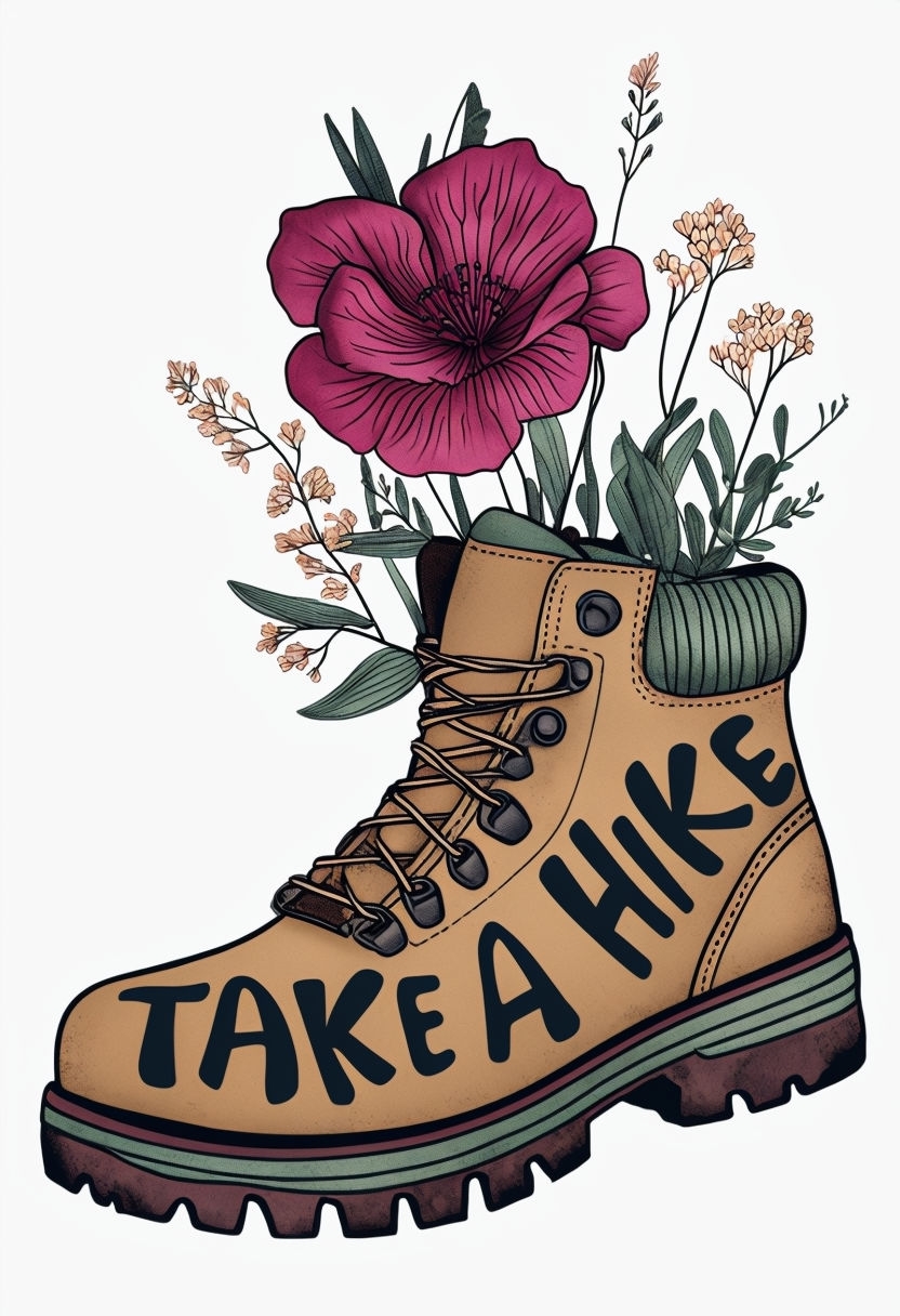 Whimsical Vintage Hiking Boot with Flowers and Take a Hike Poster