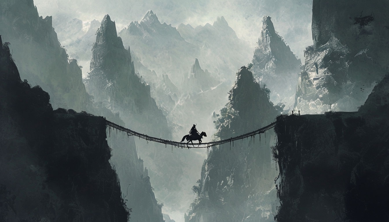 Mysterious Fantasy Landscape with Rider on Rope Bridge Background