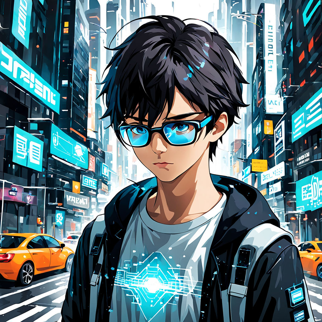 "Craft an image of a teenage boy in a futuristic cityscape by Riyo ...