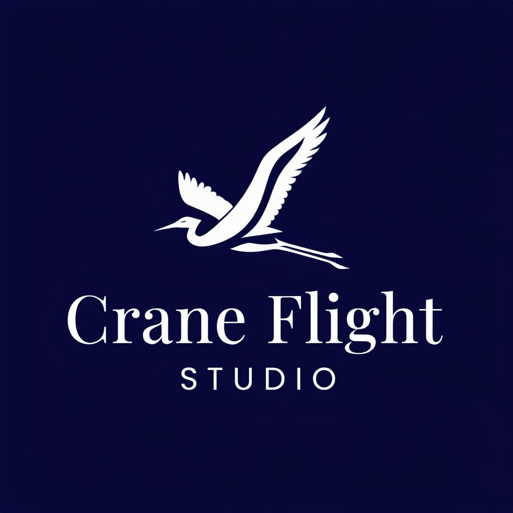 Minimalist Crane Flight Studio Logo on Deep Navy Background