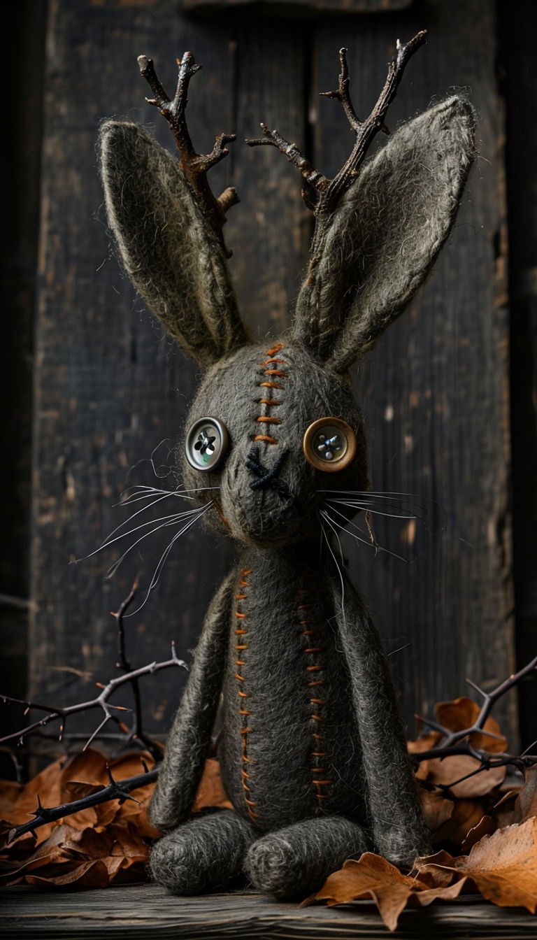 Creepy-Cute Handcrafted Jackalope Doll Art Illustration